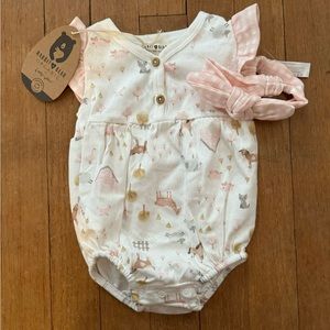 NWT Organic Infant Baby Girl’s Farm Animal Onesie with Headband Size 3-6 months